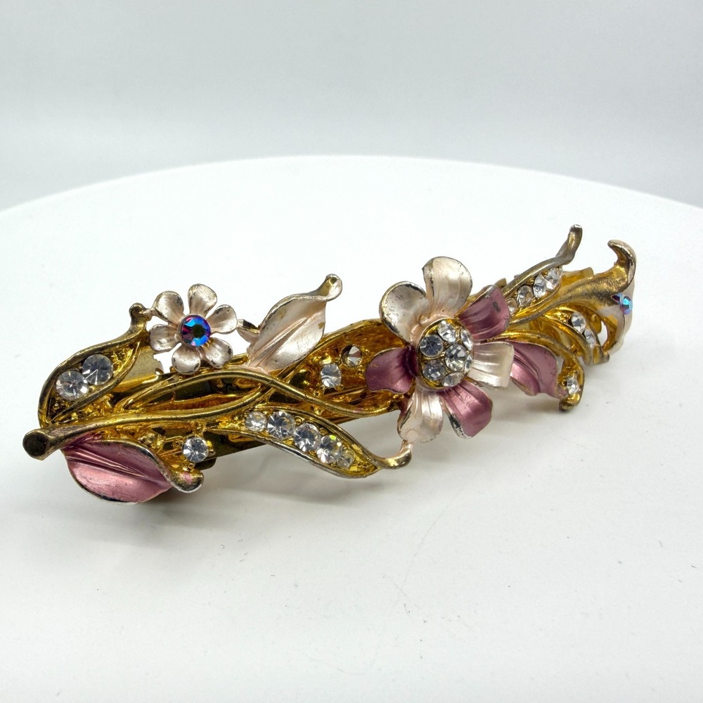 Y2K Floral Hair Barrette Gold Tone Rhinestone Enamel Pink Flower Accessory Gift